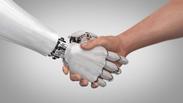 robot y el hombre agitando las manos - brazo humano fotografías e imágenes de stock
