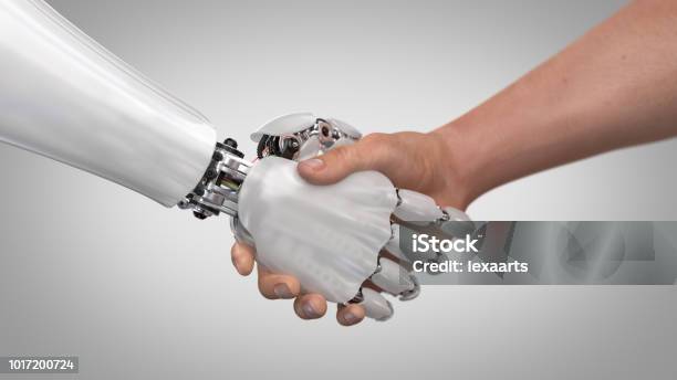 Robot Y El Hombre Agitando Las Manos Foto de stock y más banco de imágenes de Robot - Robot, Personas, Estrechar las manos