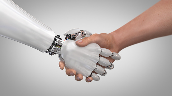 Robot and Man Shaking Hands. 3d render