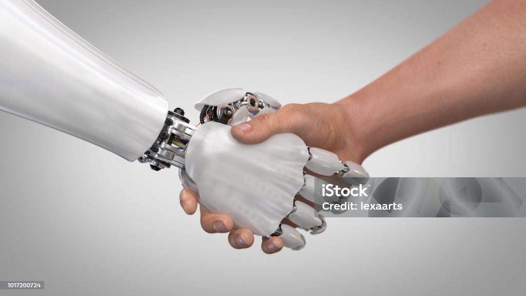 Robot and Man Shaking Hands Robot and Man Shaking Hands. 3d render Robot Stock Photo