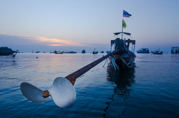 um barco de cauda longa com hélice e eixo longo ancorado perto de uma praia em ko tao island, tailândia, ao pôr do sol - sunset beach flash - fotografias e filmes do acervo