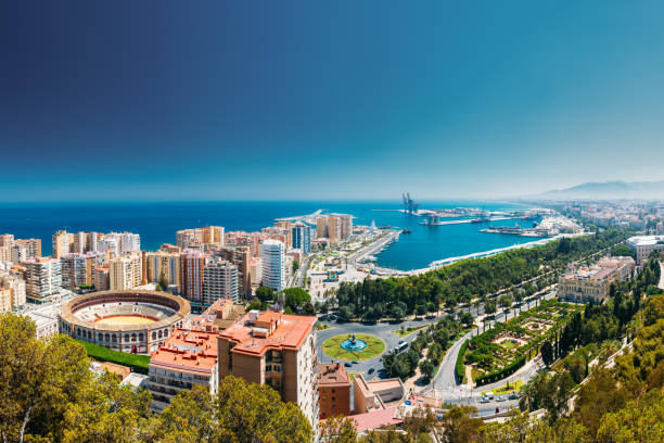 Malaga, Spain. Cityscape View Of Malaga. Plaza De Toros De Ronda Bullring In Malaga, Spain Malaga, Spain. Cityscape Topped View Of Malaga. Plaza De Toros De Ronda Bullring In Malaga, Spain. spain stock pictures, royalty-free photos & images