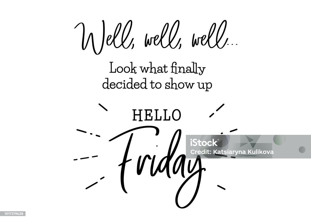 hello friday cute lettering Hello friday. Funny brush lettering for Friday. Modern calligraphy sign. Social media content. Cute template for a planner, journal, calendar. Typographic vector illustration. Friday stock vector