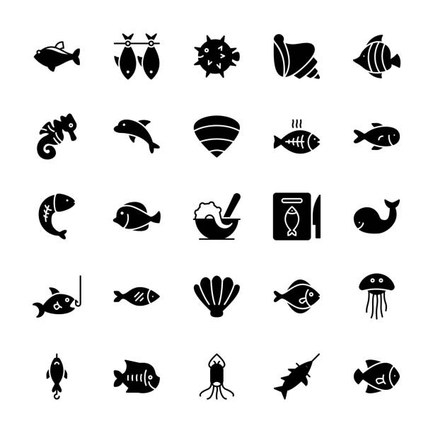 ilustraciones, imágenes clip art, dibujos animados e iconos de stock de icono de glifo de mariscos - fish prepared fish fishing bass