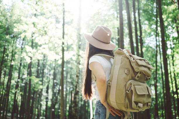 istock Back view on cute young woman with hat, backpack and location map in hand among trees in forest at sunset. 1017287298