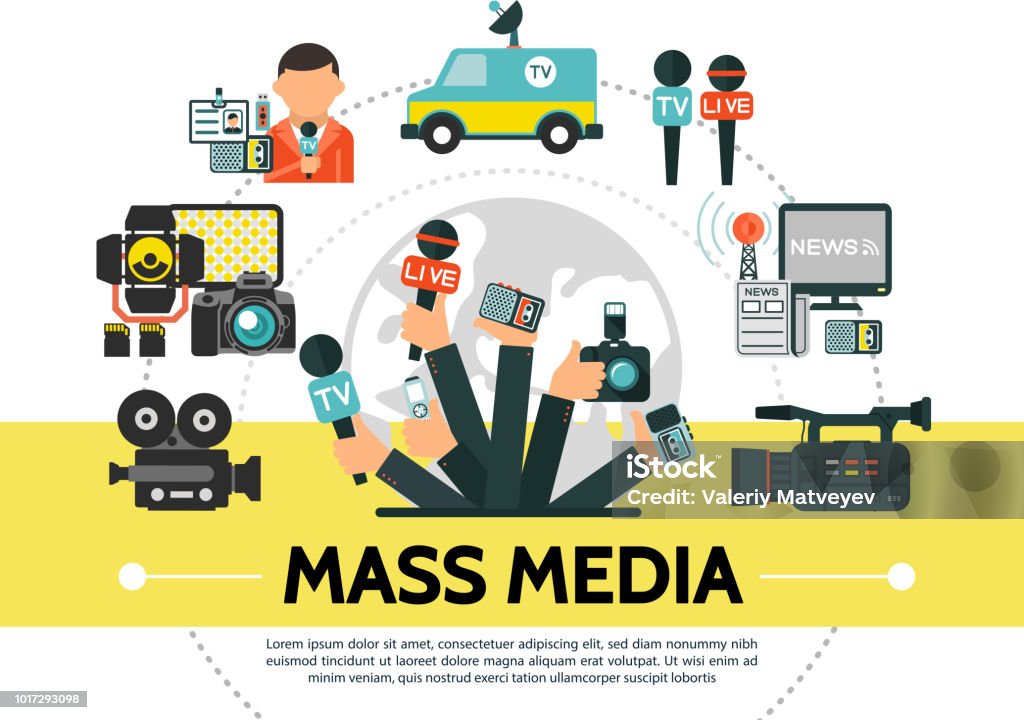 Flat Mass Media Concept Flat mass media concept with photo video cameras microphones news car flash usb drive reporter radio tower journalists hands holding professional devices vector illustration Adult stock vector
