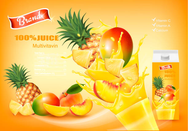 ilustrações de stock, clip art, desenhos animados e ícones de mulitivitamin juice with fresh fruits and splashing liquid. design template. vector. - peach juice