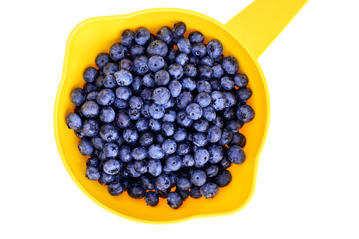 Fresh organic blueberries in yellow colander isolated on white background from overhead