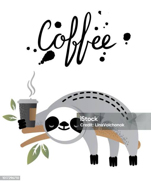 Cute Vector Sloth Bear Animal With Coffee Stock Illustration - Download Image Now - Logo, Sketch Pad, Jungle Gym