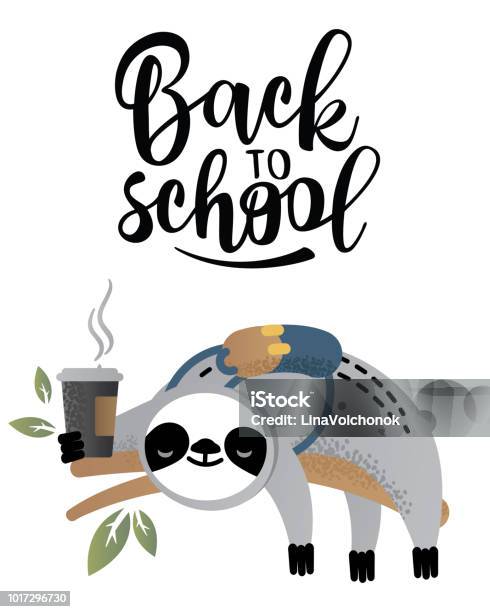Cute Vector Sloth Bear Animal With Coffeeback To School Stock Illustration - Download Image Now