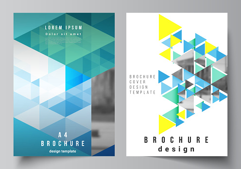The vector layout of A4 format modern cover mockups design templates for brochure, magazine, flyer, booklet, annual report. Blue color polygonal background with triangles, colorful mosaic pattern
