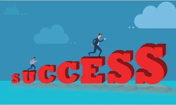 Vector illustration of Business man running and climbing the ladder of success with blue sky background.