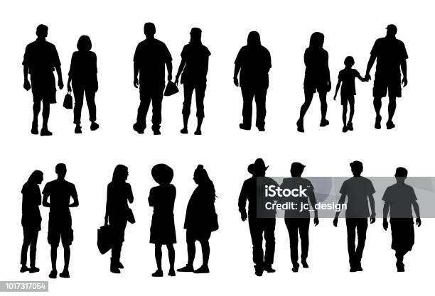 Group Of People Silhouettes Walking Stock Illustration - Download Image Now - In Silhouette, People, Hat