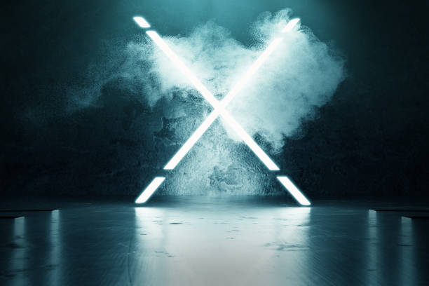 istock 3d rendering of blue lighten X alphabet shape in front of grunge wall background 1017320258