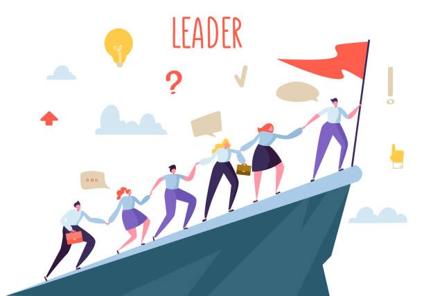 Business Leader Concept. Flat People Characters Climbing Top Peak. Teamwork and Leadership, Businessman with Flag. Vector illustration Business Leader Concept. Flat People Characters Climbing Top Peak. Teamwork and Leadership, Businessman with Flag. Vector illustration climbing up a hill stock illustrations