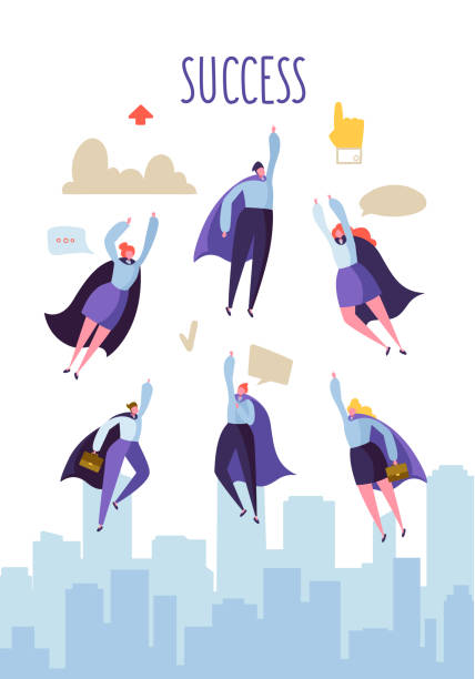 ilustraciones, imágenes clip art, dibujos animados e iconos de stock de concepto de liderazgo empresarial. personajes de superhéroes plana vuelan a éxito. cooperación del trabajo en equipo, logro de metas. ilustración de vector - superhero flying heroes business