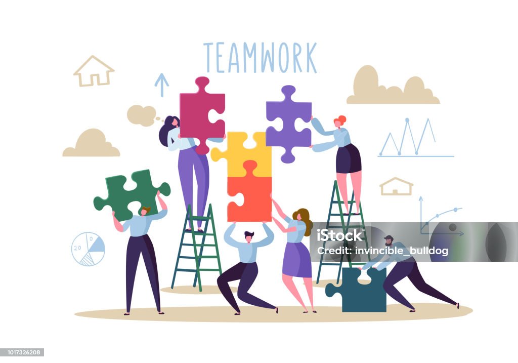 Business Teamwork Concept. Flat People Characters with Pieces of Puzzle. Partnership, Solution Cooperation. Vector illustration Teamwork stock vector