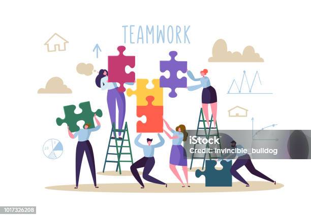 Business Teamwork Concept Flat People Characters With Pieces Of Puzzle Partnership Solution Cooperation Vector Illustration Stock Illustration - Download Image Now