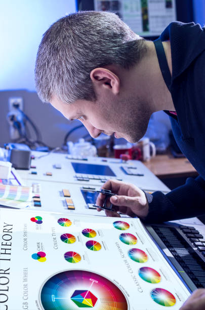 Man in the process of offset printing and color correction
