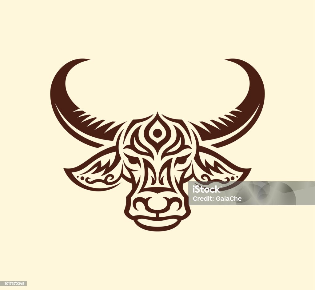 Water buffalo head mascot silhouette with tracery Stylized outline silhouette of water buffalo face. Patterned buffalo head front view vector icon. Domestic Water Buffalo stock vector