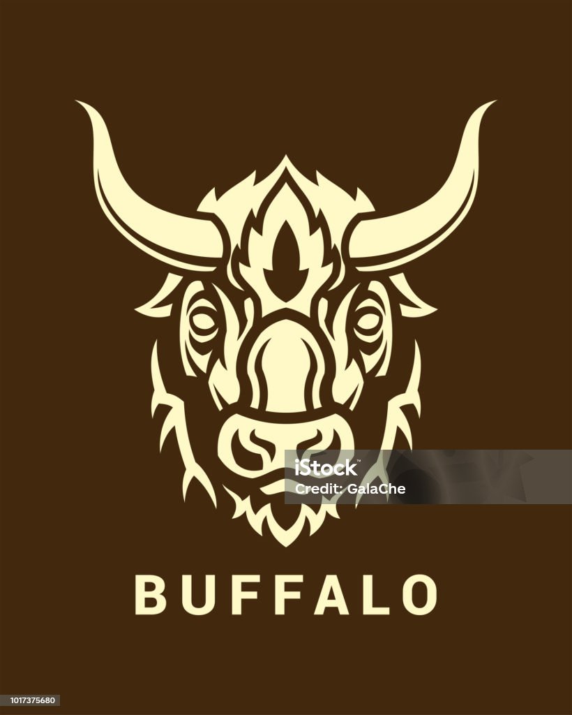 Buffalo head silhouette on shield vector emblem Stylized buffalo head with long horns on dark background American Bison stock vector