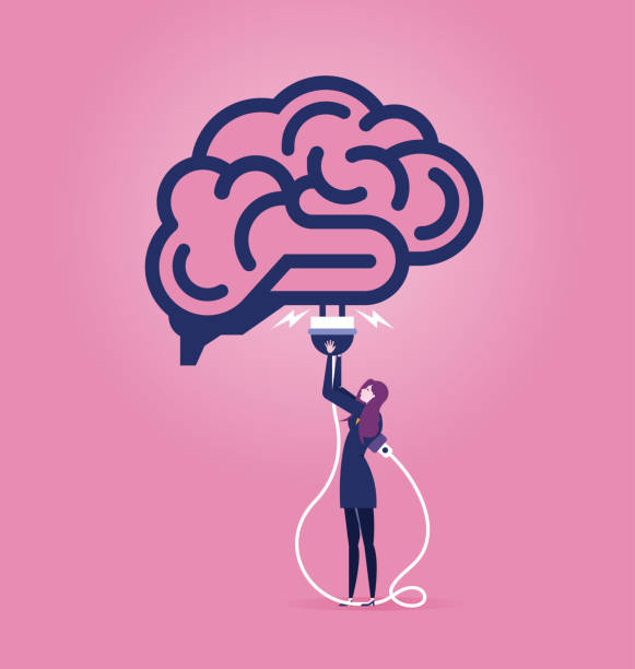 bildbanksillustrationer, clip art samt tecknat material och ikoner med laddar tanken hjärnan eller cloud computing konceptet, affärsman med elektriska anslut att koppla in hjärnan skylten - illustration - energy brain