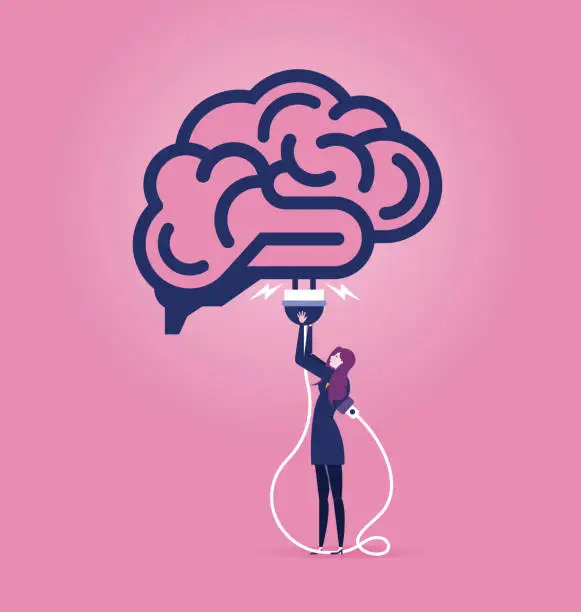 Vector illustration of Charging idea brain or cloud computing concept, businessman with electrical plug plugging in the brain sign - Illustration