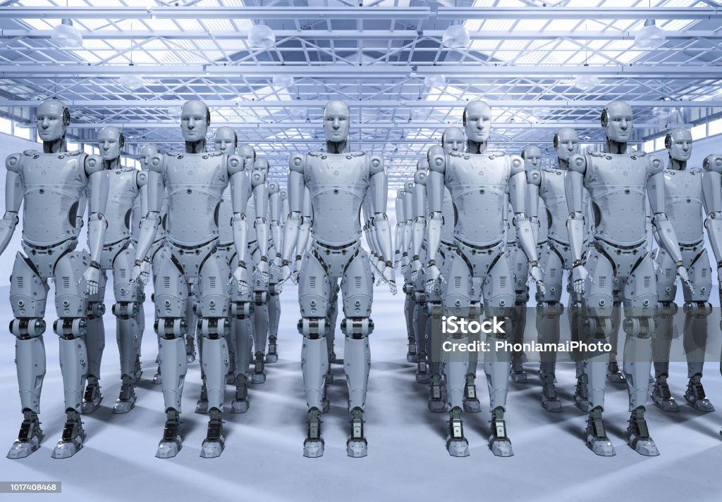 group of robots 3d rendering robot assembly or group of cyborgs in factory Robot Stock Photo