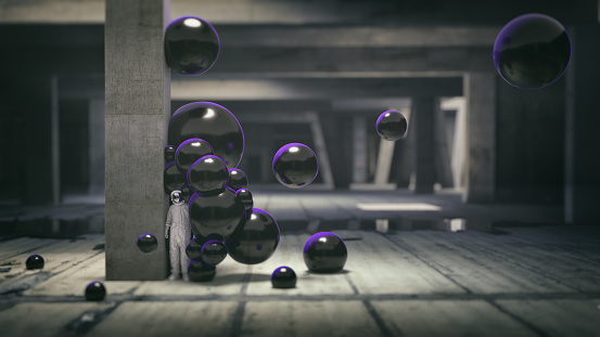 An astronaut standing next to a concrete pillar in an abandoned building, trapped by purple spheres, 3D