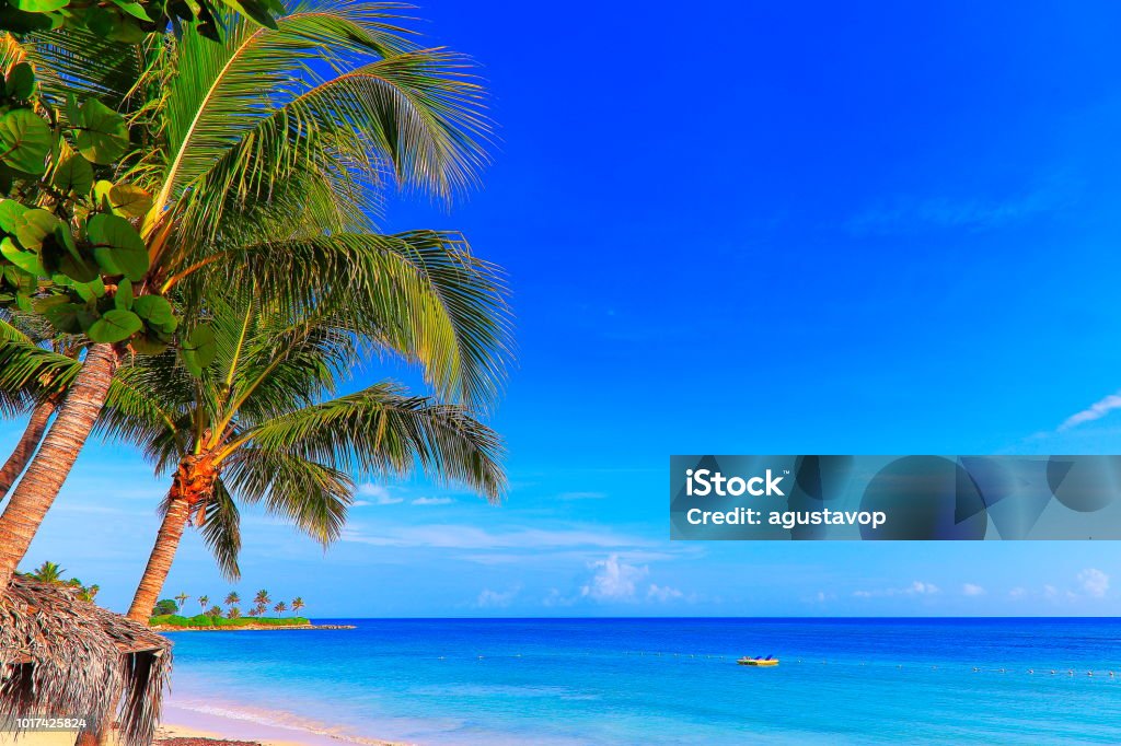 Beach and rustic thatched roof palapa, Montego Bay - Jamaica - Caribbean sea Jamaica Stock Photo