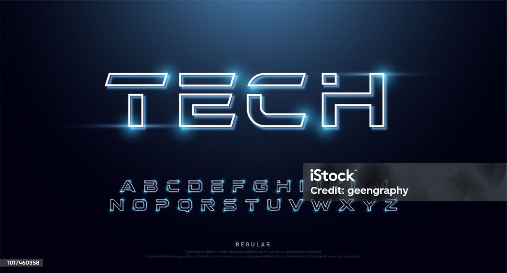 La tecnología neon abstracto fuente y el alfabeto. Techno efecto logo diseños. Concepto de espacio digital de tipografía. Ilustración de vector - arte vectorial de Letra de imprenta libre de derechos