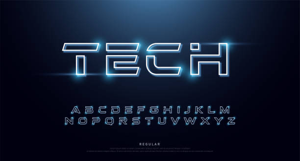 illustrations, cliparts, dessins animés et icônes de la technologie néon abstrait fonte, alphabet. conceptions de logo effet techno. concept d’espace numérique de typographie. illustration vectorielle - technicien