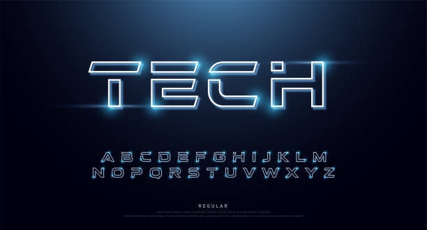 Technology abstract neon font and alphabet. techno effect logo designs. Typography digital space concept. vector illustration Technology abstract neon font and alphabet. techno effect logo designs. Typography digital space concept. vector illustration electric logo stock illustrations