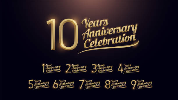 ilustrações, clipart, desenhos animados e ícones de 1, 2, 3, 4, 5, 6, 7, 8, 9, número de ouro de celebração de aniversário de 10 anos e dourado gráfico fundo escuro. ilustração vetorial - 7 10 years