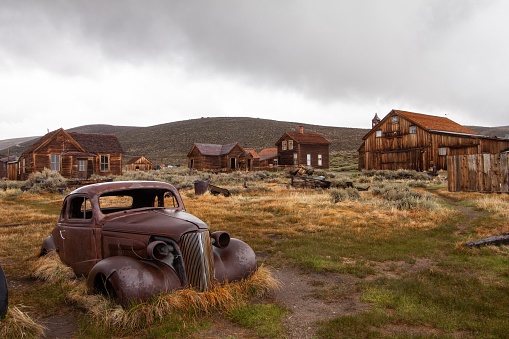 The ghost town of Bodie is located in the Sierra Nevada in California on the border with Nevada.