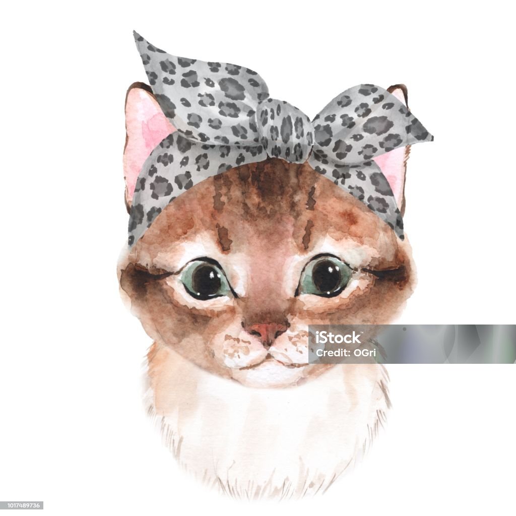 Cute cat wearing bandana Cute cat wearing bandana. Watercolor illustration, isolated on white Domestic Cat stock illustration
