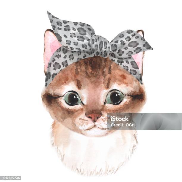 Cute Cat Wearing Bandana Stock Illustration - Download Image Now - Domestic Cat, Watercolor Painting, Animal