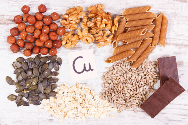 Products and ingredients containing copper and dietary fiber, healthy nutrition stock photo