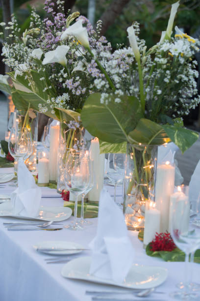 istock Wedding table decor. Beautiful Luxury Festive table set up for wedding or party 1017517436