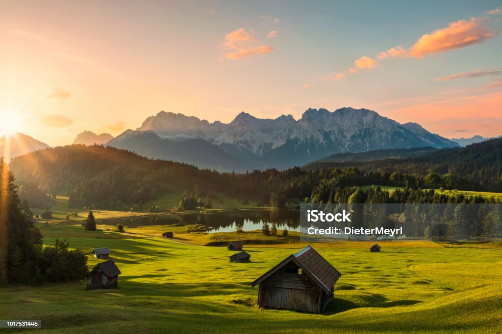 Magic Sunrise at Alpine Lake Geroldsee - view to mount Karwendel, Garmisch Partenkirchen, Alps Bavaria, European Alps, Sunrise, Garmisch-Partenkirchen, Germany Landscape - Scenery Stock Photo