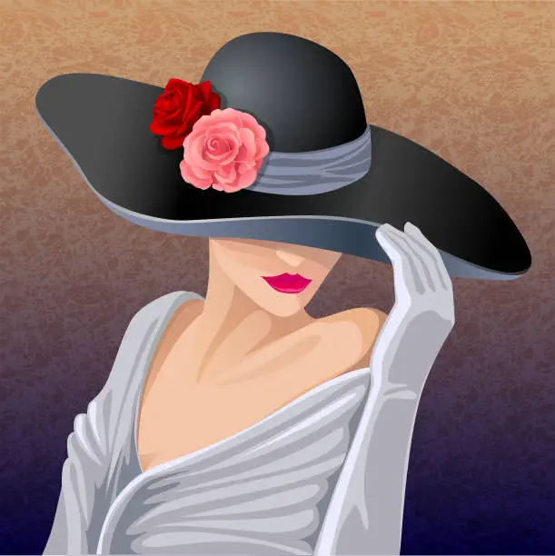 Vector illustration of Romantic woman in black hat.