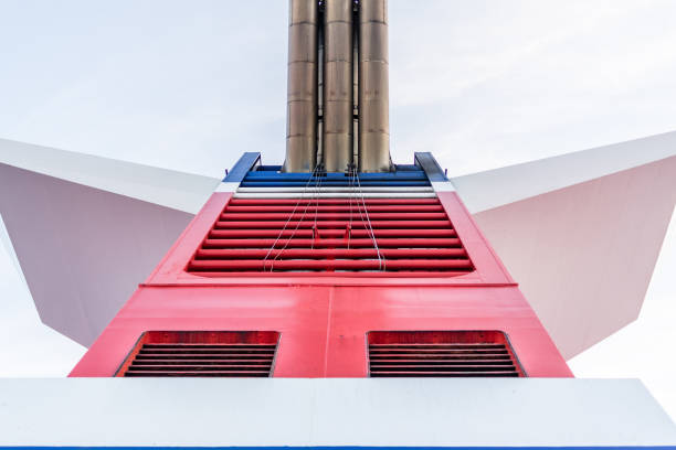 Belfast, Northern Ireland - August 7, 2018:  Rear view of the funnel of a Stenaline car and foot passenger ferry (Stena Superfast VIII).  The ferry operates on the Belfast to Cairnryan route across the Irish Sea.  It is a major route for the transportation of goods across the Irish Sea between Northern Ireland and the rest of the UK and between the UK and Ireland.