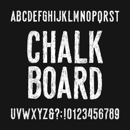 Chalk board alphabet font. Hand drawn damaged sans serif letters.