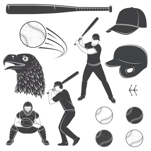 ilustraciones, imágenes clip art, dibujos animados e iconos de stock de conjunto de equipos de béisbol y engranaje. ilustración de vector - baseball silhouette pitcher playing