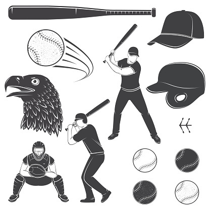 Set of baseball equipment and gear. Vector illustration. Baseball seam brushes. Ball for baseball, batter, catcher, baseball bat, helmet, cap and eagle silhouette.