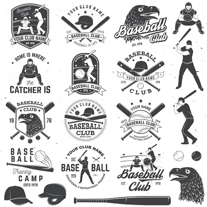 Set of baseball or softball club badge with design element. Vector. Concept for shirt or , print, stamp or tee. Vintage design with baseball bats, catcher, eagle and ball for baseball silhouette.