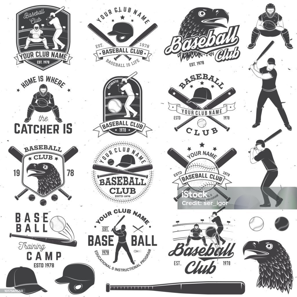 Baseball club badge. Vector illustration. Concept for shirt or , print, stamp or tee. Set of baseball or softball club badge with design element. Vector. Concept for shirt or , print, stamp or tee. Vintage design with baseball bats, catcher, eagle and ball for baseball silhouette. Baseball - Ball stock vector