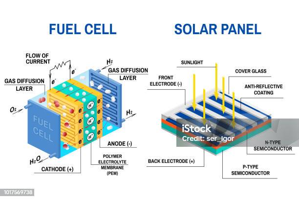 Process Of Converting Light To Electricity And Fuel Cell Diagram Stock Illustration - Download Image Now