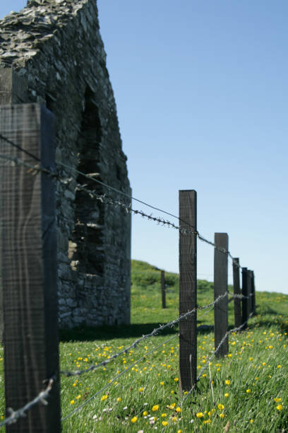 parte di una chiesa in pietra in rovina con recinzione di filo spinato, dumfries un - dumfries and galloway foto e immagini stock