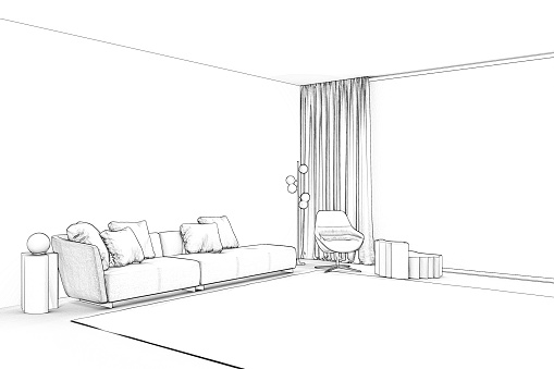 3d render. Sketch of living room with panoramic window